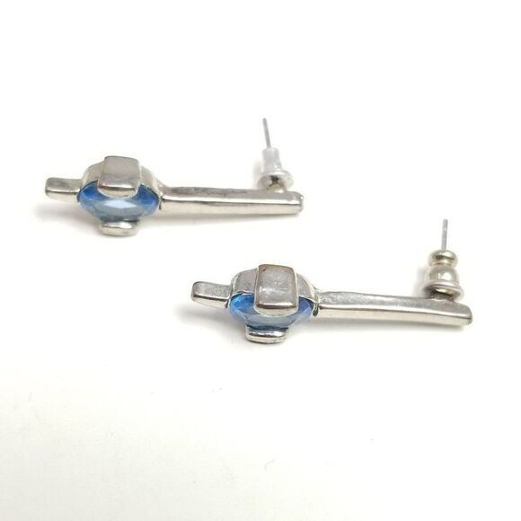 Vintage Blue Rhinestone Silver Tone Stud Drop Earrings, Minimal Design - Picture 3 of 6